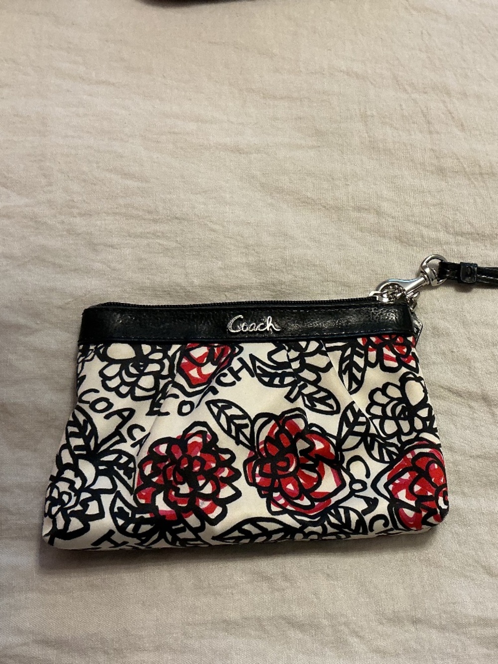 Coach Floral Wristlet Cream Black Red with Leather Trim